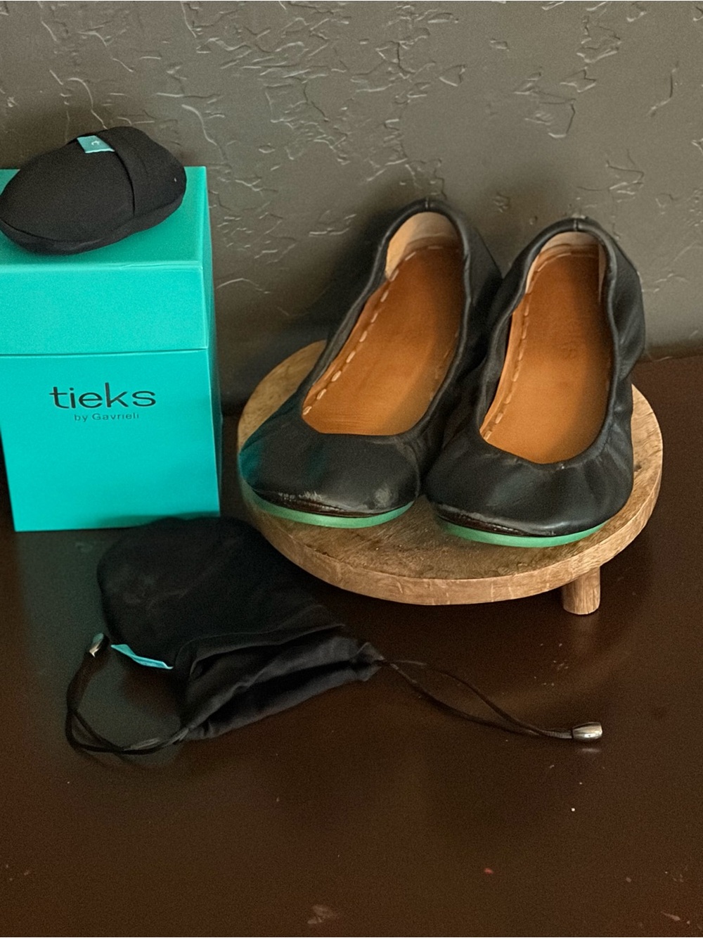 Tieks Black Leather Ballet Flats with Teal Accent